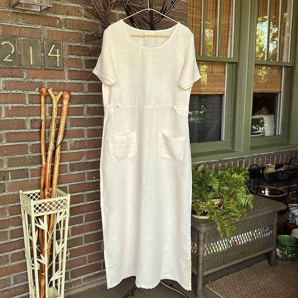 J. Jill vintage Y2K Lagenlook/cottagecore butter yellow linen maxi dress. Sz Sm